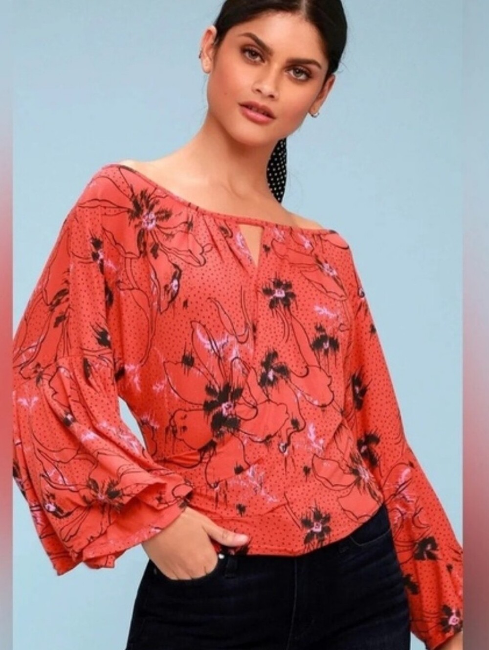 Free People Last Time Draped Bell Sleeve Surplice Top, Size Large, EUC, $78 MSRP